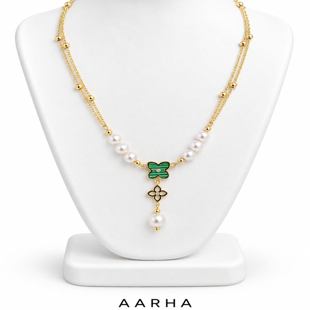 AARHA Premium Gold Tone Combo Pendant Necklace Set with Green Pearl Clover and Floral Stone Pendant Designs