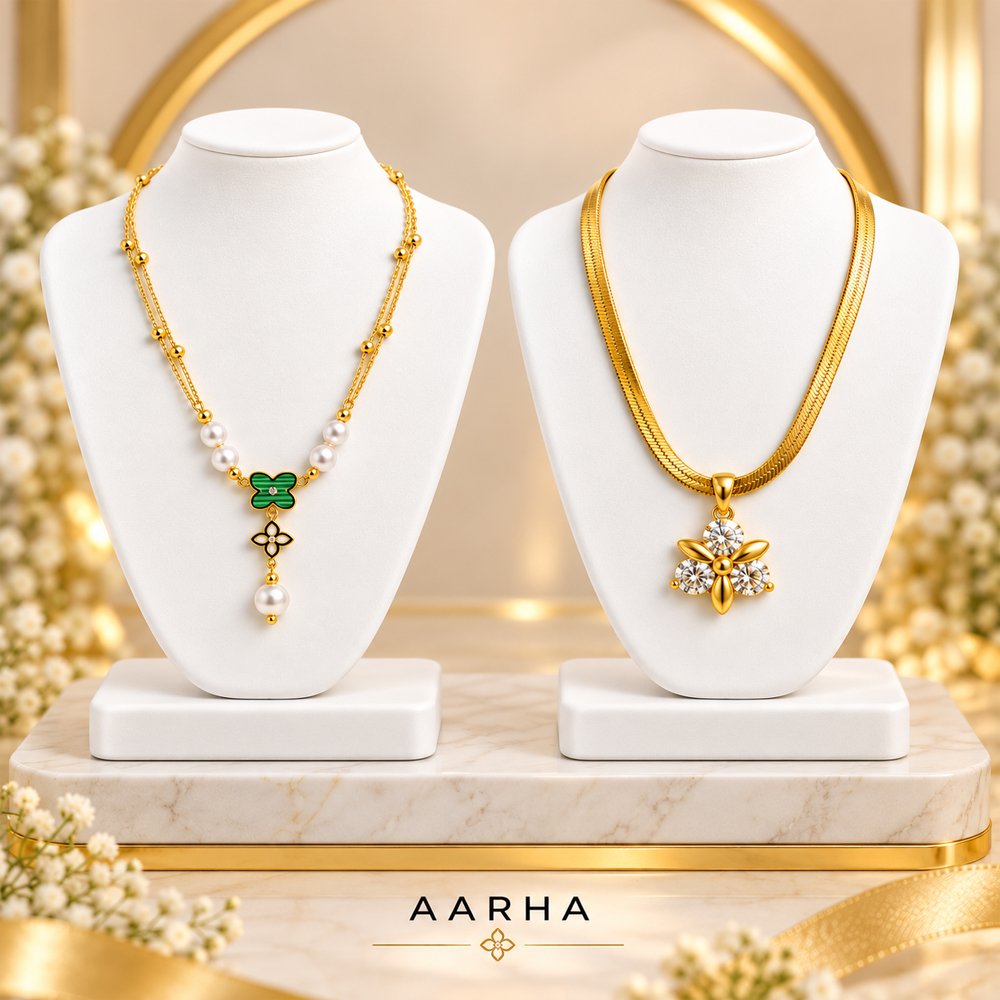 AARHA Premium Gold Tone Combo Pendant Necklace Set with Green Pearl Clover and Floral Stone Pendant Designs - Image 3