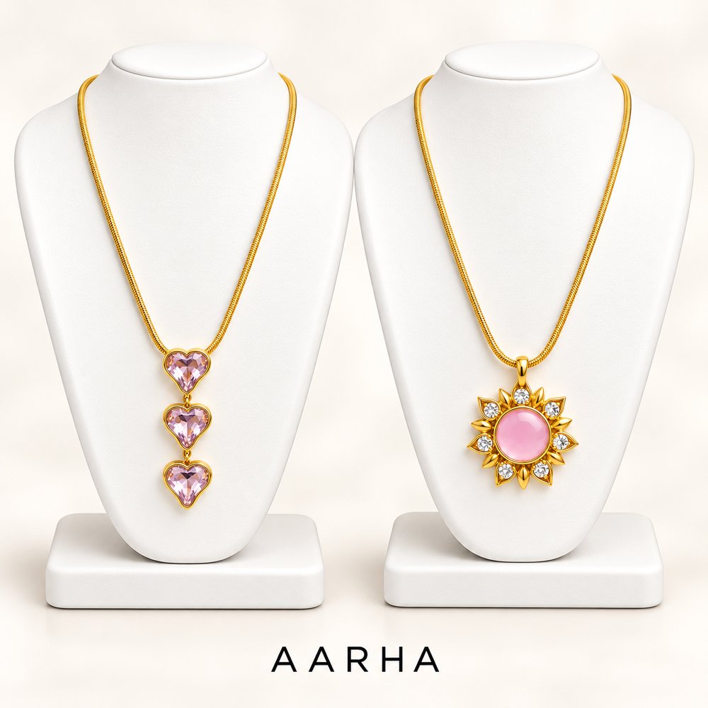 AARHA Pink Heart and Floral Pendant Necklace Combo Set of 2 for Women - Image 3