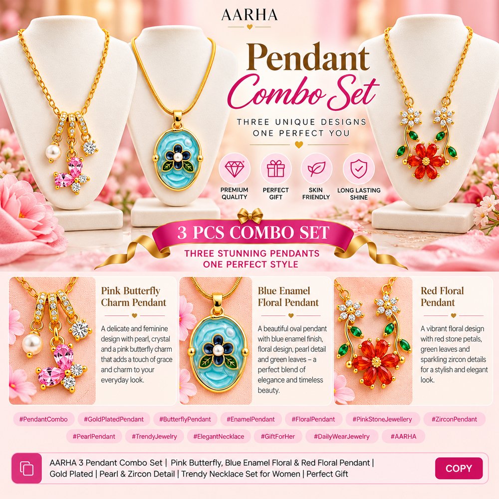 Pink Bloom Design AARHA 3 Pendant Combo Set | Pink Butterfly, Blue Enamel Floral & Red Flower Pendant Necklaces ...
